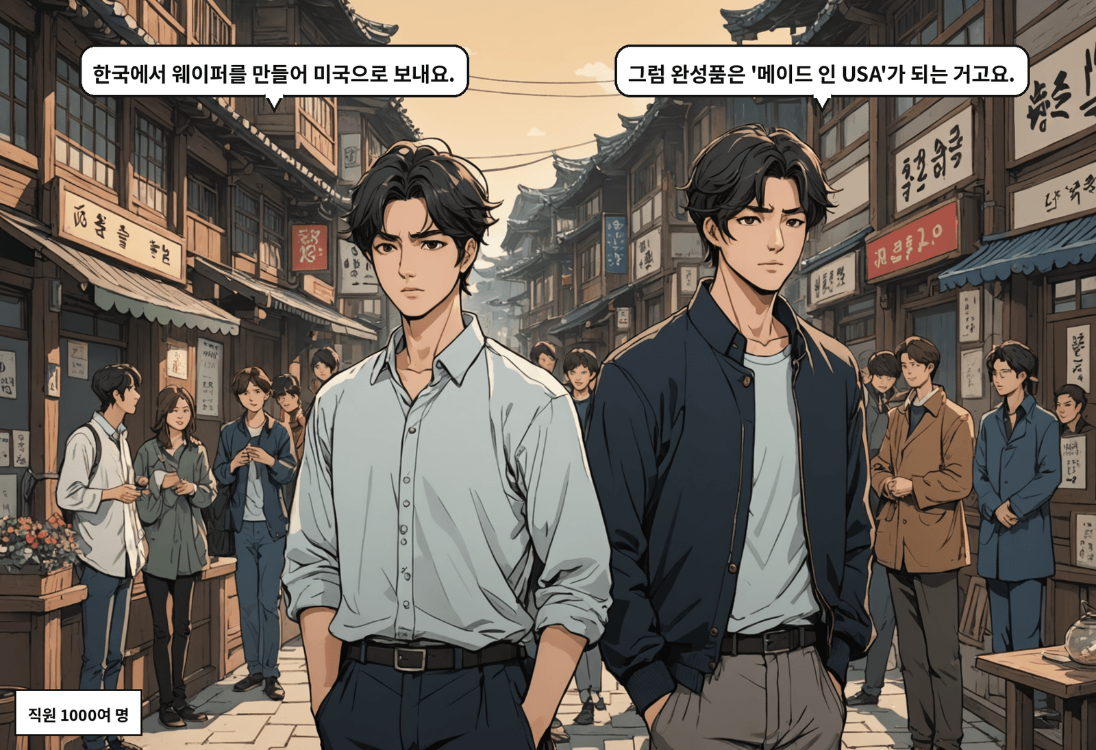 B: 한국에서 웨이퍼를 만들어 미국으로 보내요. A: 그럼 완성품은 '메이드 인 USA'가 되는 거고요.