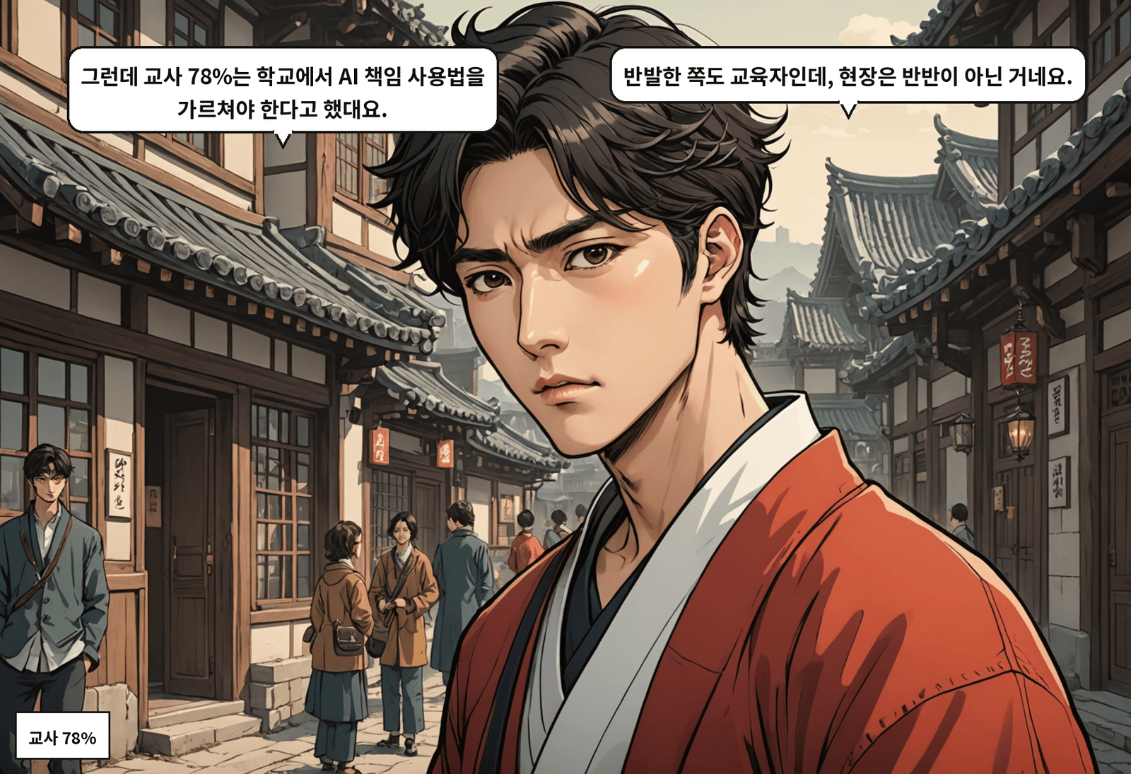 A: 그런데 교사 78%는 학교에서 AI 책임 사용법을 가르쳐야 한다고 했대요. B: 반발한 쪽도 교육자인데, 현장은 반반이 아닌 거네요.
