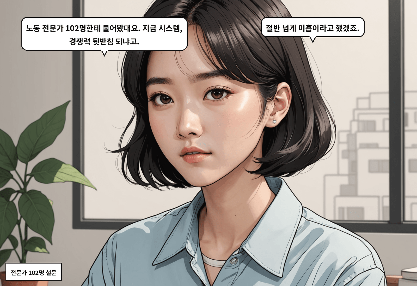 A: 노동 전문가 102명한테 물어봤대요. 지금 시스템, 경쟁력 뒷받침 되냐고. B: 절반 넘게 미흡이라고 했겠죠.