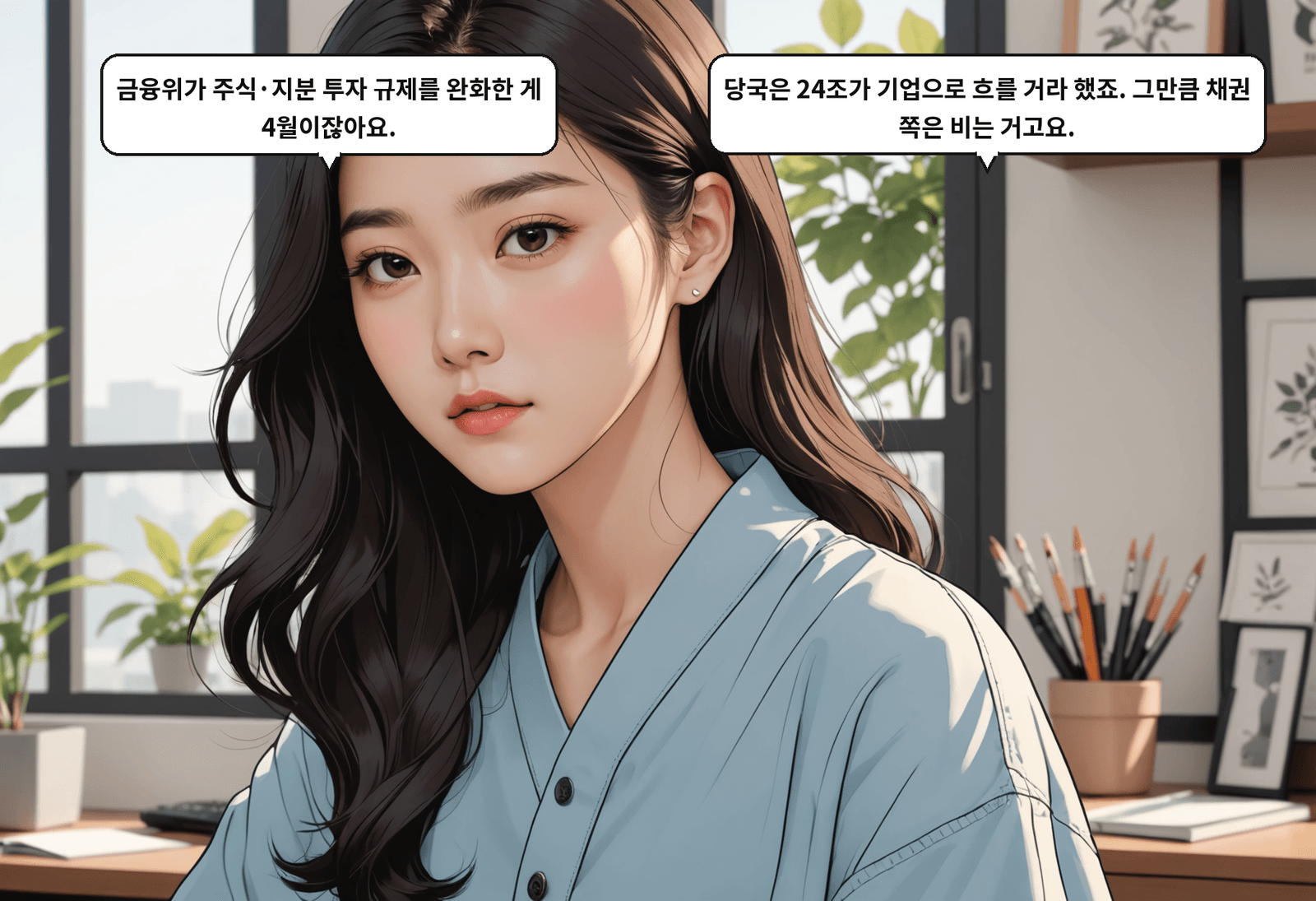 A: 금융위가 주식·지분 투자 규제를 완화한 게 4월이잖아요. B: 당국은 24조가 기업으로 흐를 거라 했죠. 그만큼 채권 쪽은 비는 거고요.