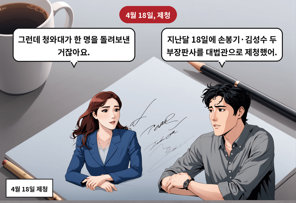 B: 지난달 18일에 손봉기·김성수 두 부장판사를 대법관으로 제청했어. A: 그런데 청와대가 한 명을 돌려보낸 거잖아요.