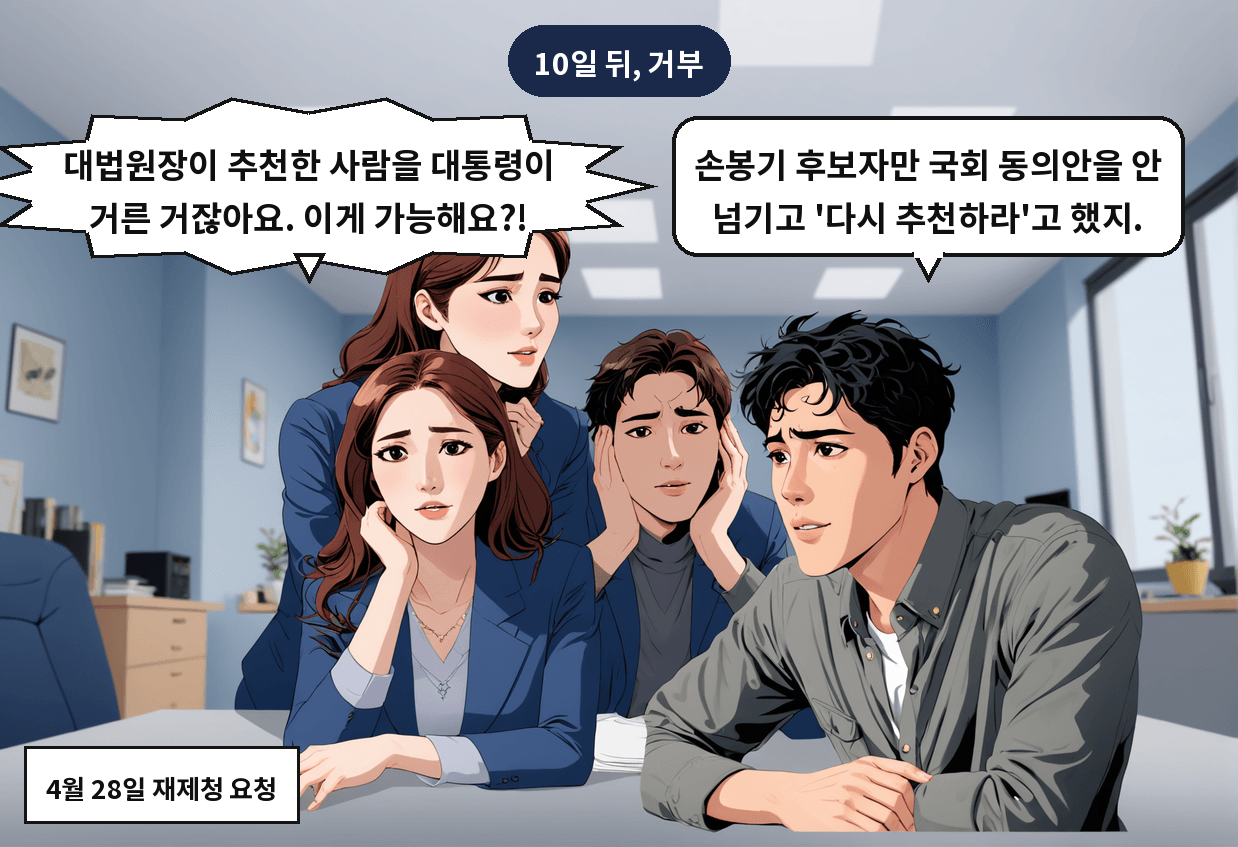 B: 손봉기 후보자만 국회 동의안을 안 넘기고 '다시 추천하라'고 했지. A: 대법원장이 추천한 사람을 대통령이 거른 거잖아요. 이게 가능해요?!