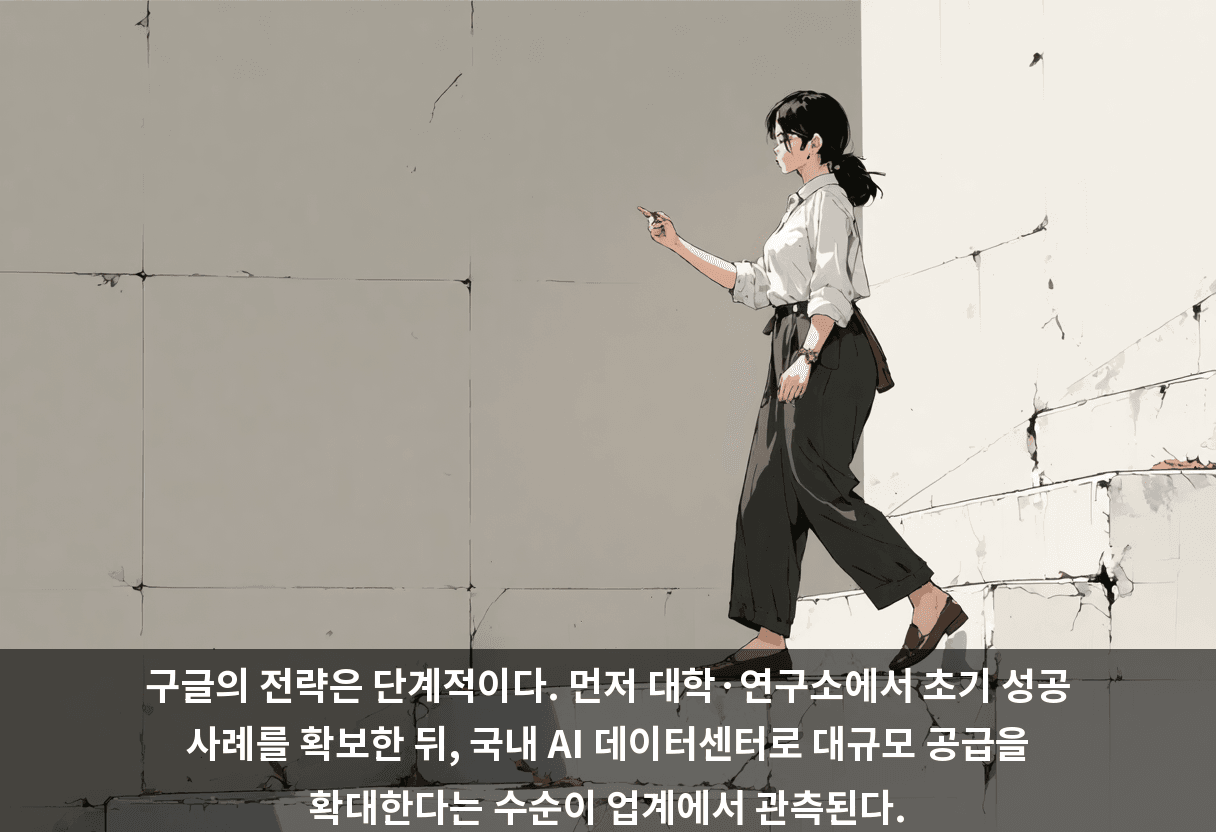 구글의 전략은 단계적이다. 먼저 대학·연구소에서 초기 성공 사례를 확보한 뒤, 국내 AI 데이터센터로 대규모 공급을 확대한다는 수순이 업계에서 관측된다.