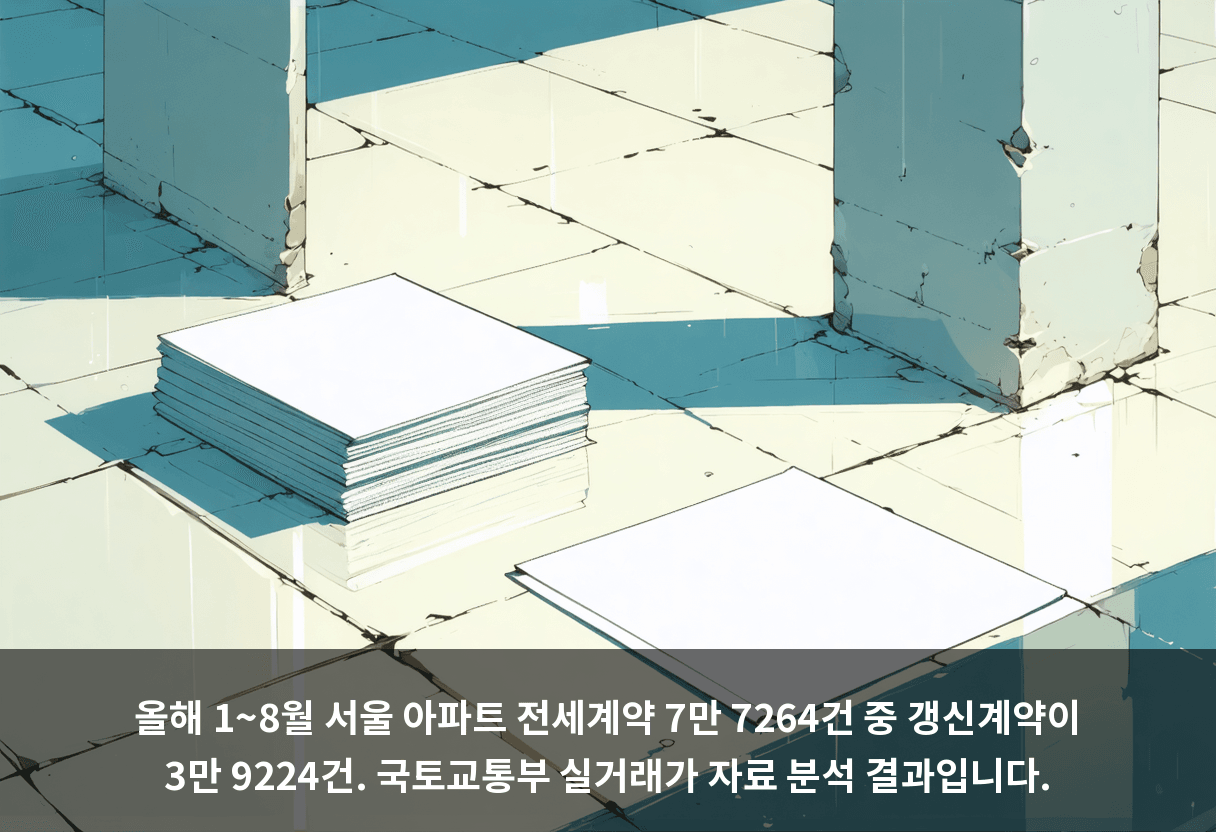올해 1~8월 서울 아파트 전세계약 7만 7264건 중 갱신계약이 3만 9224건. 국토교통부 실거래가 자료 분석 결과입니다.