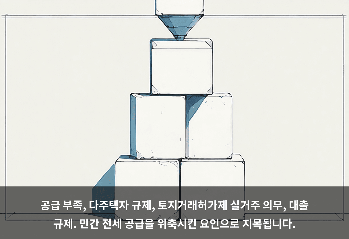 공급 부족, 다주택자 규제, 토지거래허가제 실거주 의무, 대출 규제. 민간 전세 공급을 위축시킨 요인으로 지목됩니다.
