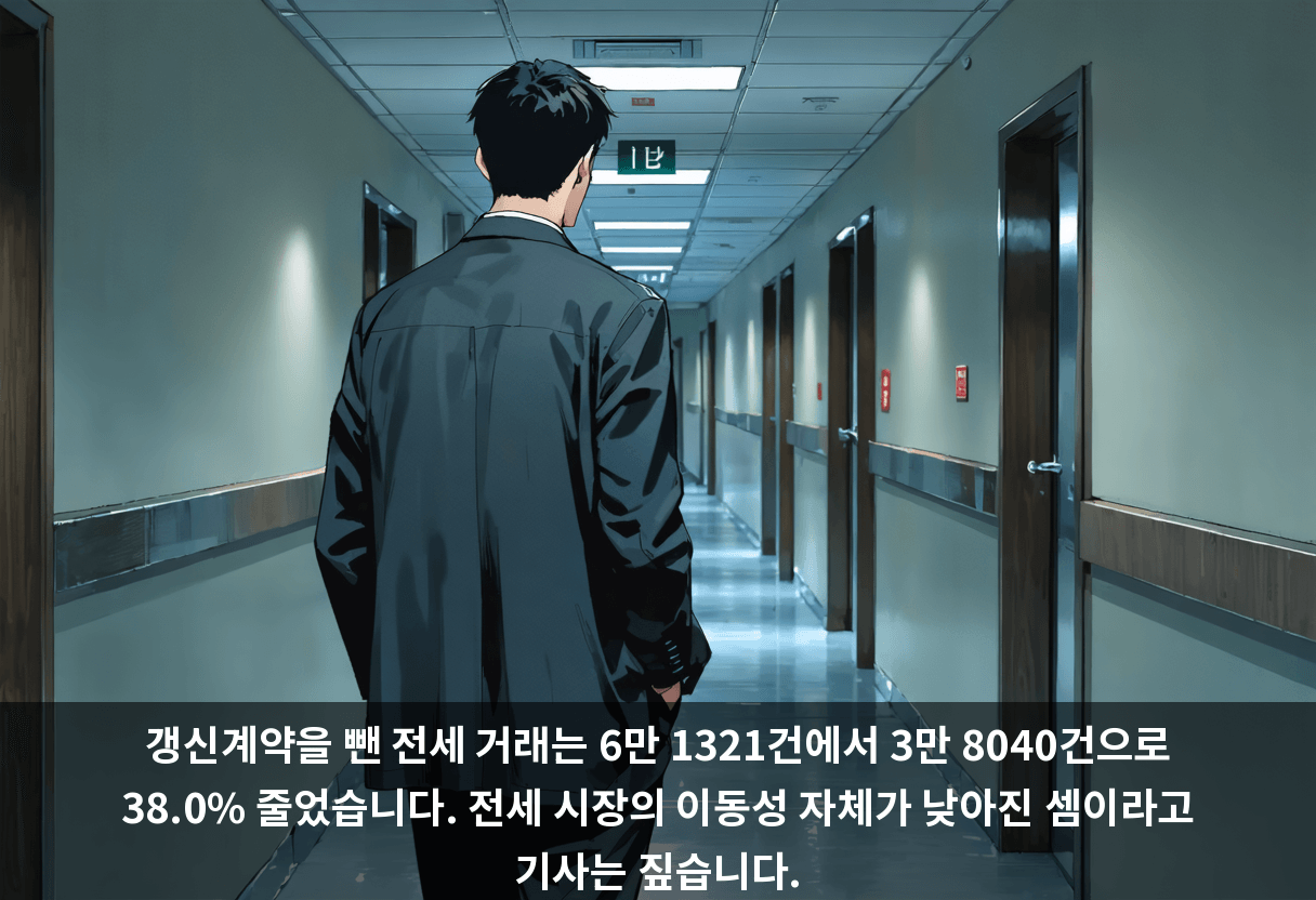 갱신계약을 뺀 전세 거래는 6만 1321건에서 3만 8040건으로 38.0% 줄었습니다. 전세 시장의 이동성 자체가 낮아진 셈이라고 기사는 짚습니다.