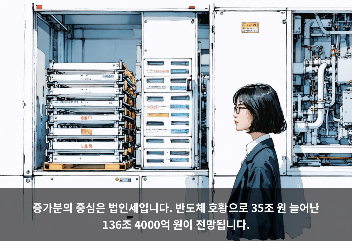 증가분의 중심은 법인세입니다. 반도체 호황으로 35조 원 늘어난 136조 4000억 원이 전망됩니다.