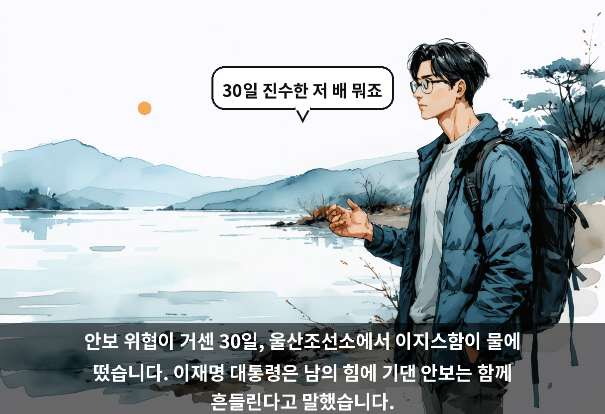 안보 위협이 거센 30일, 울산조선소에서 이지스함이 물에 떴습니다. 이재명 대통령은 남의 힘에 기댄 안보는 함께 흔들린다고 말했습니다.
