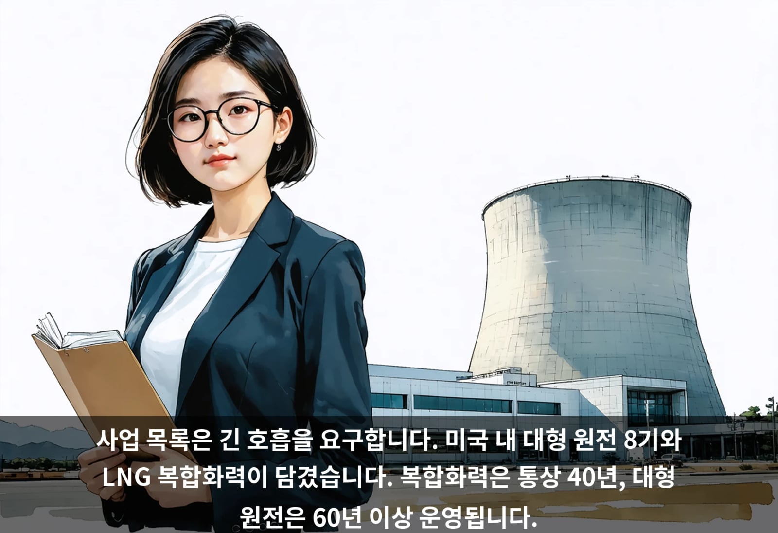 사업 목록은 긴 호흡을 요구합니다. 미국 내 대형 원전 8기와 LNG 복합화력이 담겼습니다. 복합화력은 통상 40년, 대형 원전은 60년 이상 운영됩니다.