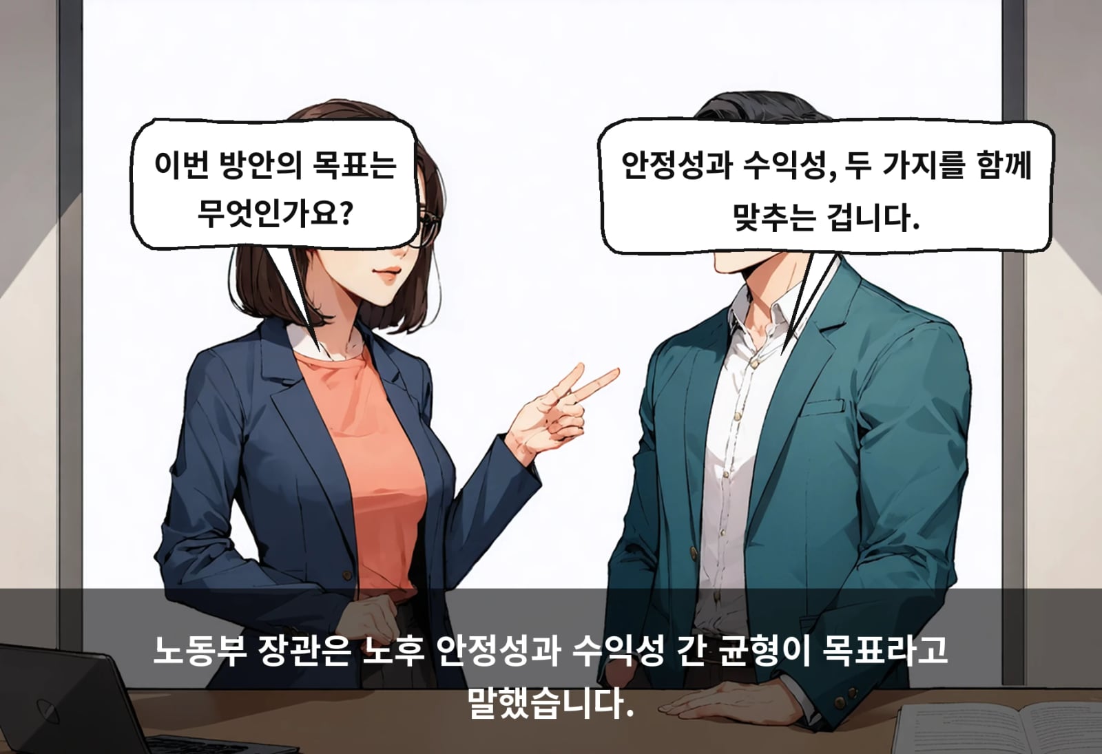 노동부 장관은 노후 안정성과 수익성 간 균형이 목표라고 말했습니다.