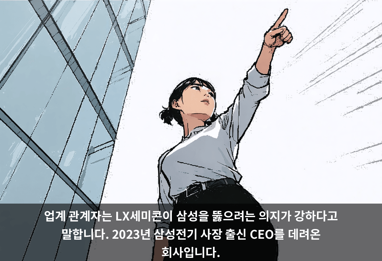 업계 관계자는 LX세미콘이 삼성을 뚫으려는 의지가 강하다고 말합니다. 2023년 삼성전기 사장 출신 CEO를 데려온 회사입니다.