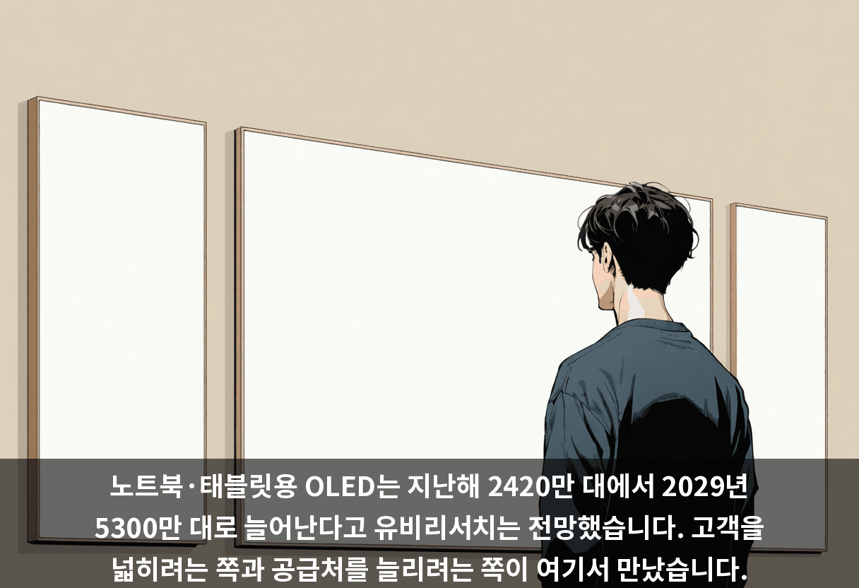 노트북·태블릿용 OLED는 지난해 2420만 대에서 2029년 5300만 대로 늘어난다고 유비리서치는 전망했습니다. 고객을 넓히려는 쪽과 공급처를 늘리려는 쪽이 여기서 만났습니다.