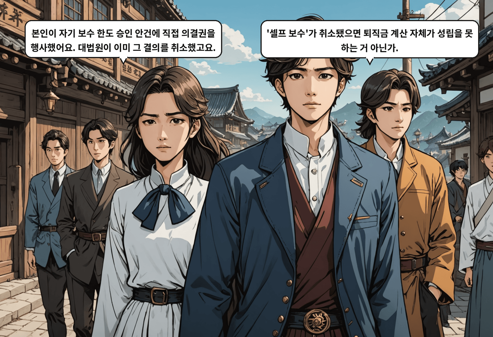 A: 본인이 자기 보수 한도 승인 안건에 직접 의결권을 행사했어요. 대법원이 이미 그 결의를 취소했고요. B: '셀프 보수'가 취소됐으면 퇴직금 계산 자체가 성립을 못 하는 거 아닌가.