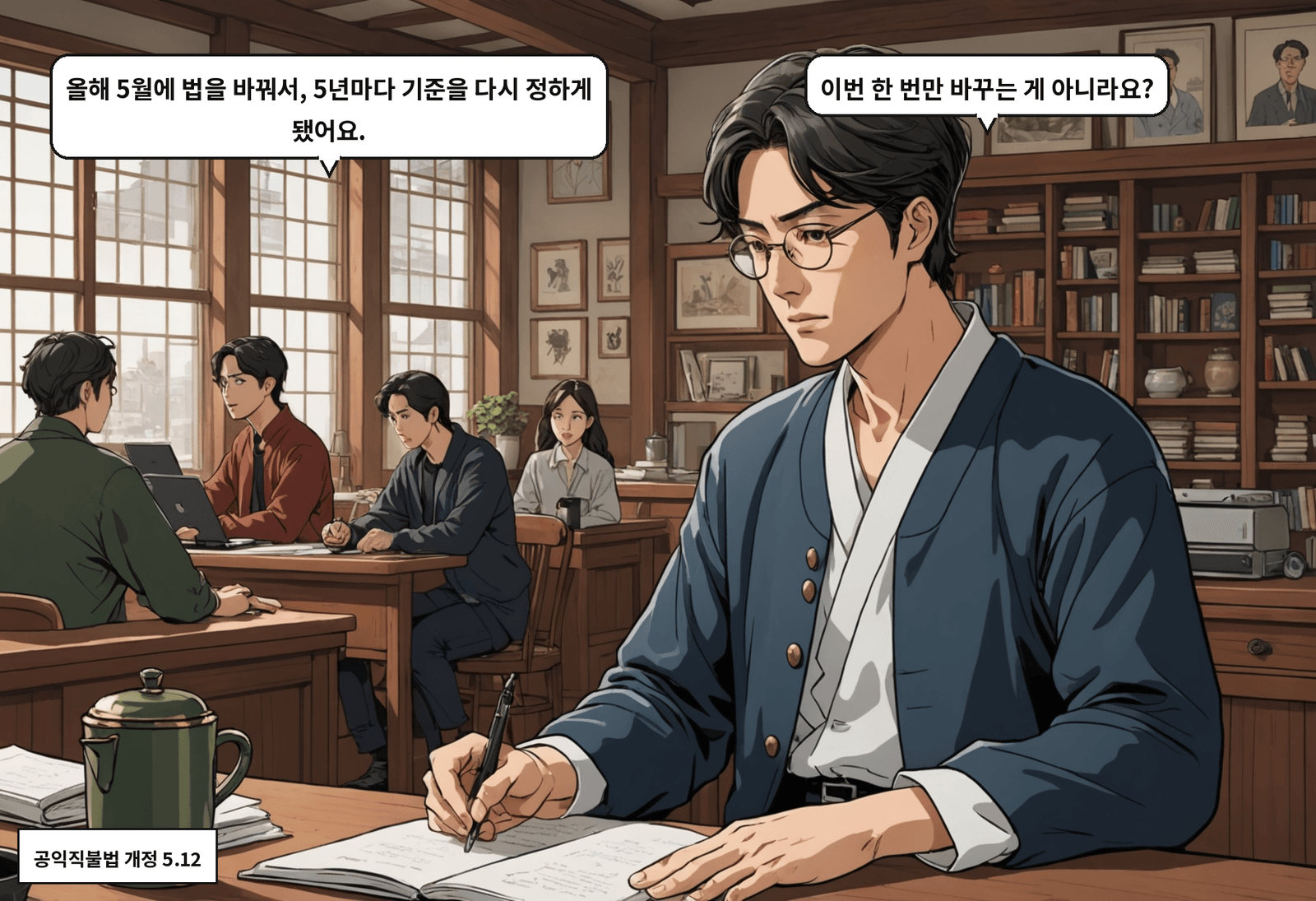 B: 올해 5월에 법을 바꿔서, 5년마다 기준을 다시 정하게 됐어요. A: 이번 한 번만 바꾸는 게 아니라요?
