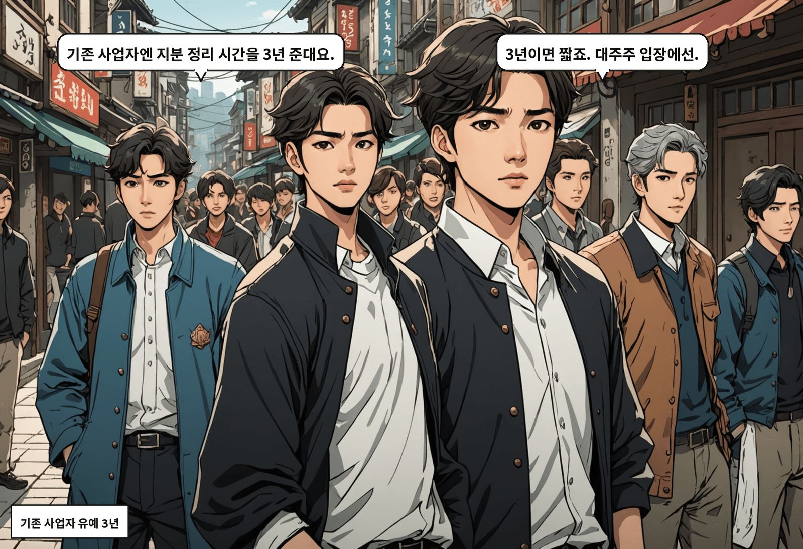 B: 기존 사업자엔 지분 정리 시간을 3년 준대요. A: 3년이면 짧죠. 대주주 입장에선.