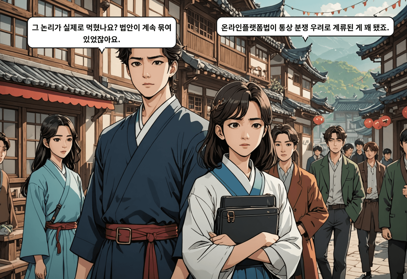 A: 그 논리가 실제로 먹혔나요? 법안이 계속 묶여 있었잖아요. B: 온라인플랫폼법이 통상 분쟁 우려로 계류된 게 꽤 됐죠.