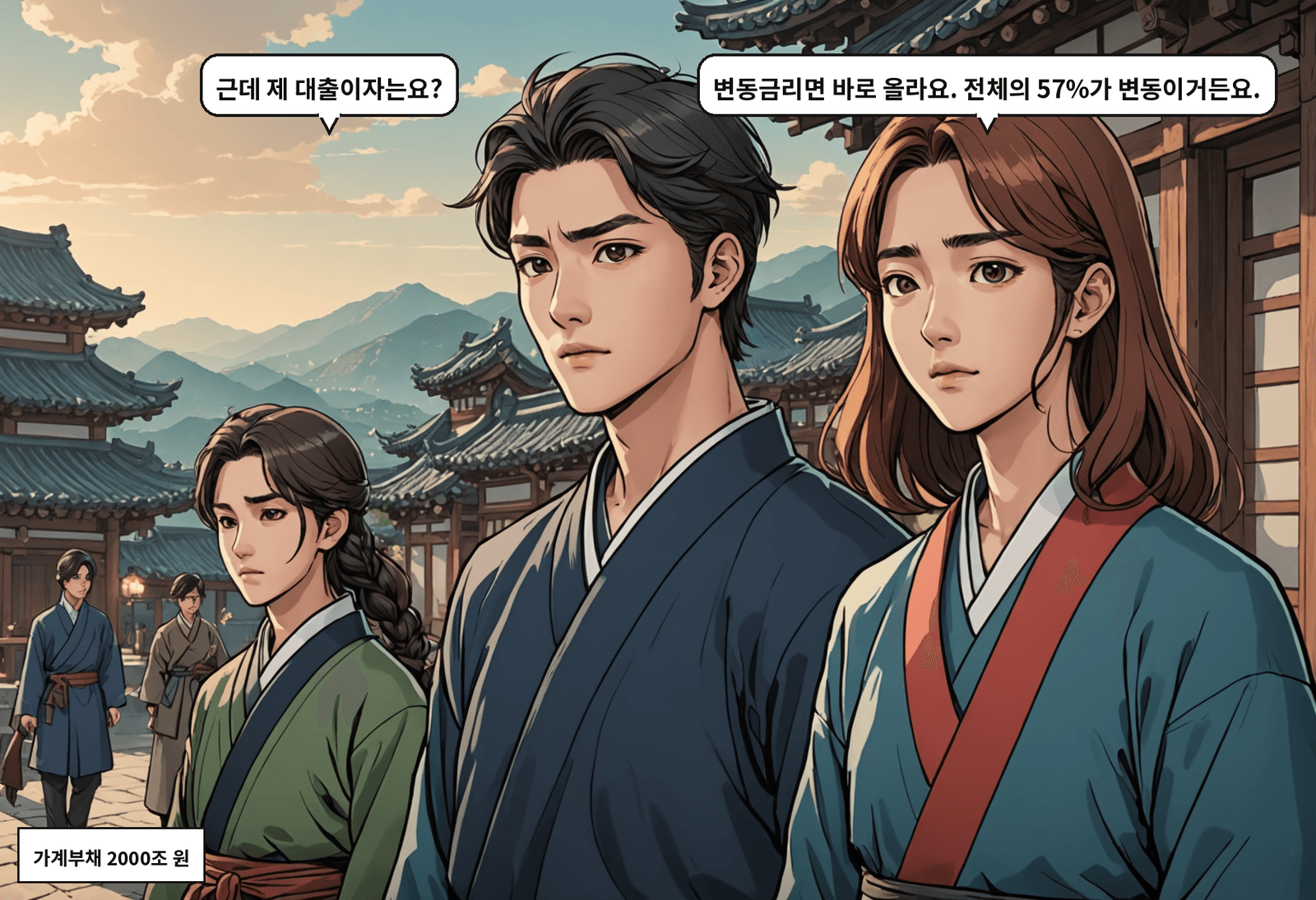 B: 근데 제 대출이자는요? A: 변동금리면 바로 올라요. 전체의 57%가 변동이거든요.