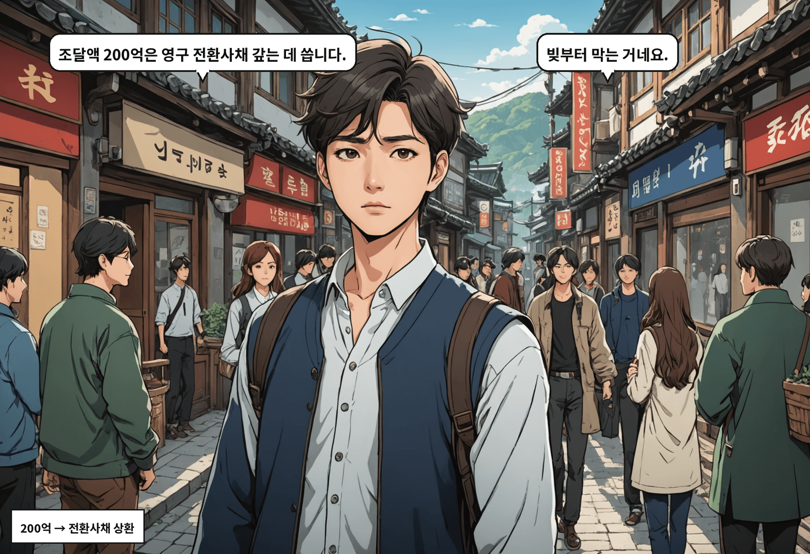 A: 조달액 200억은 영구 전환사채 갚는 데 씁니다. B: 빚부터 막는 거네요.