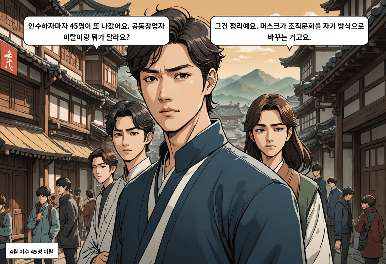 B: 인수하자마자 45명이 또 나갔어요. 공동창업자 이탈이랑 뭐가 달라요? A: 그건 정리예요. 머스크가 조직문화를 자기 방식으로 바꾸는 거고요.