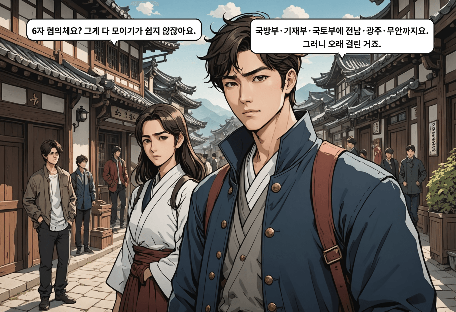 B: 6자 협의체요? 그게 다 모이기가 쉽지 않잖아요. A: 국방부·기재부·국토부에 전남·광주·무안까지요. 그러니 오래 걸린 거죠.