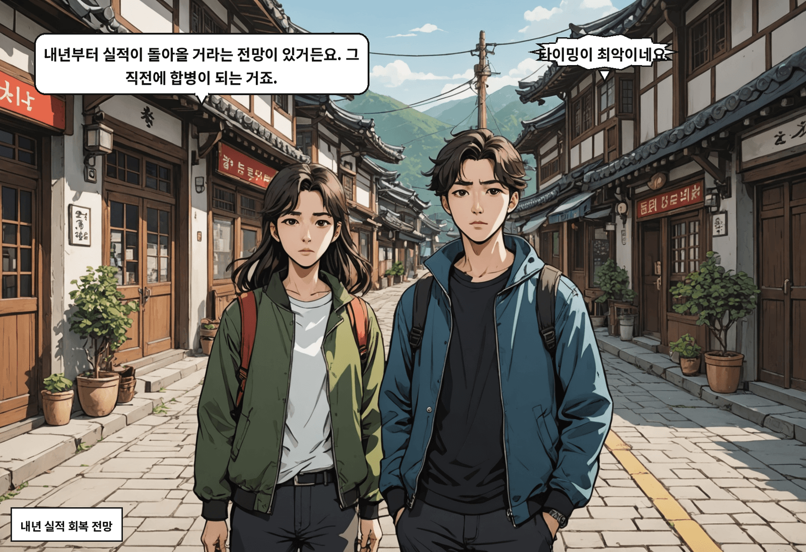B: 내년부터 실적이 돌아올 거라는 전망이 있거든요. 그 직전에 합병이 되는 거죠. A: 타이밍이 최악이네요.