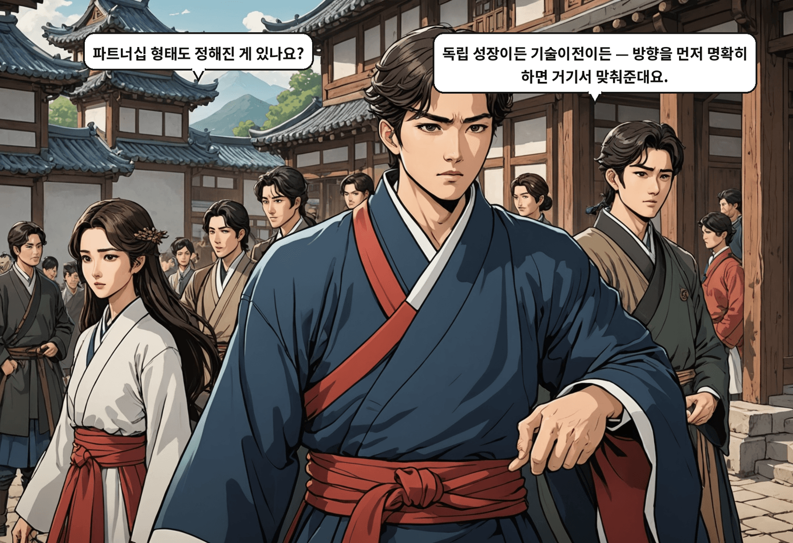 A: 파트너십 형태도 정해진 게 있나요? B: 독립 성장이든 기술이전이든 — 방향을 먼저 명확히 하면 거기서 맞춰준대요.