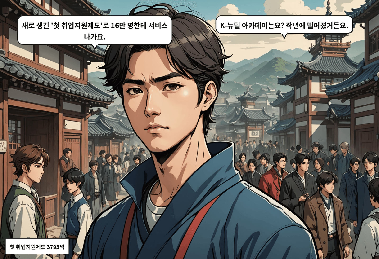 B: 새로 생긴 '첫 취업지원제도'로 16만 명한테 서비스 나가요. A: K-뉴딜 아카데미는요? 작년에 떨어졌거든요.