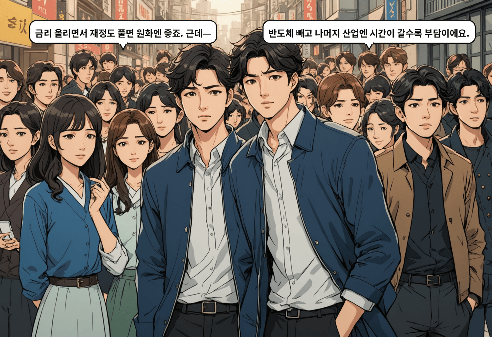 A: 금리 올리면서 재정도 풀면 원화엔 좋죠. 근데— B: 반도체 빼고 나머지 산업엔 시간이 갈수록 부담이에요.