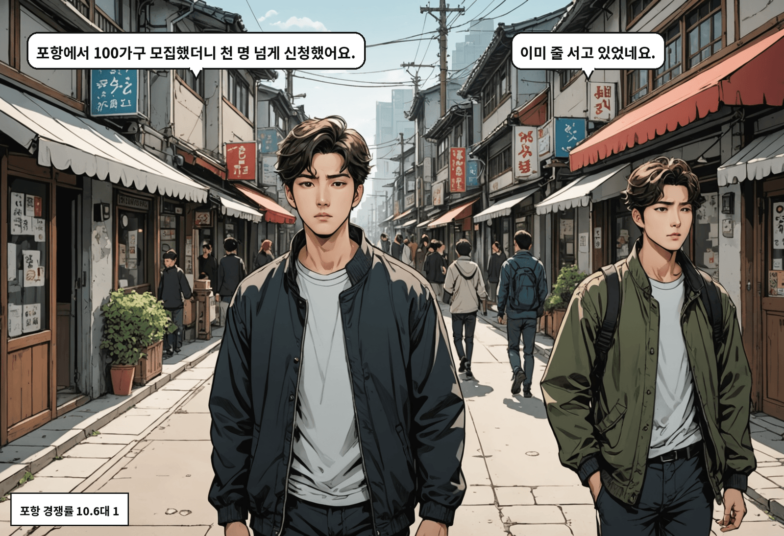 B: 포항에서 100가구 모집했더니 천 명 넘게 신청했어요. A: 이미 줄 서고 있었네요.