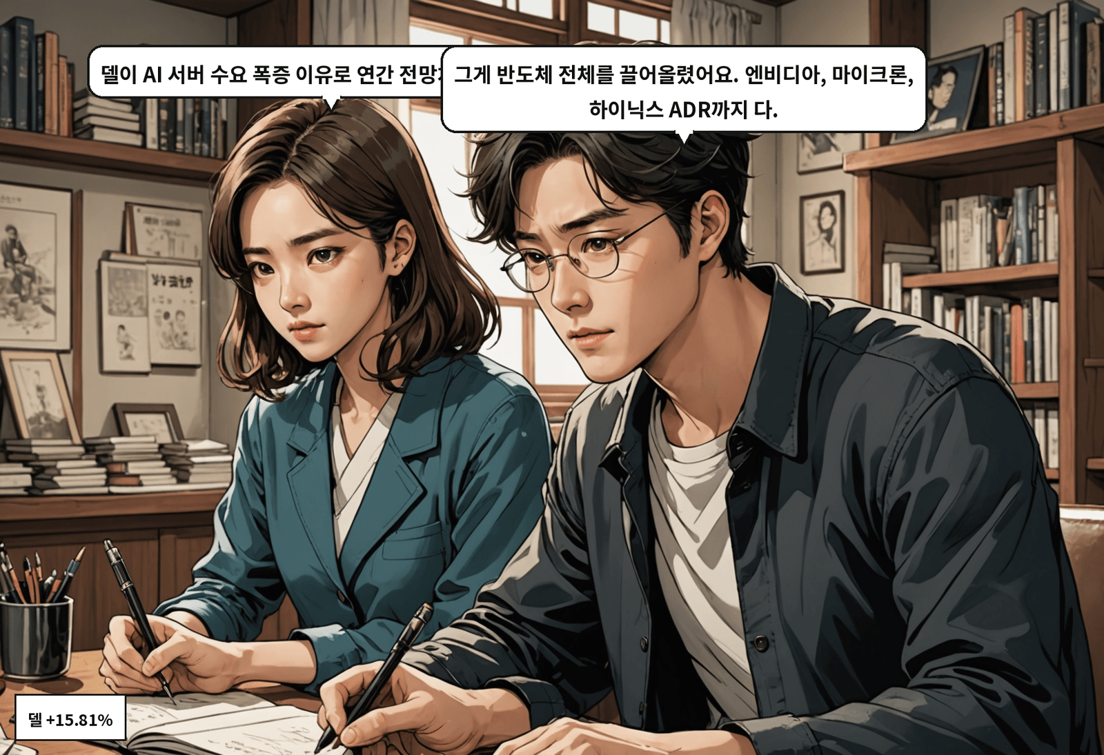 A: 델이 AI 서버 수요 폭증 이유로 연간 전망치 올렸거든요. B: 그게 반도체 전체를 끌어올렸어요. 엔비디아, 마이크론, 하이닉스 ADR까지 다.
