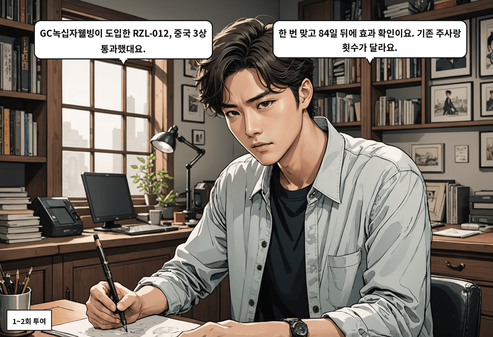 A: GC녹십자웰빙이 도입한 RZL-012, 중국 3상 통과했대요. B: 한 번 맞고 84일 뒤에 효과 확인이요. 기존 주사랑 횟수가 달라요.