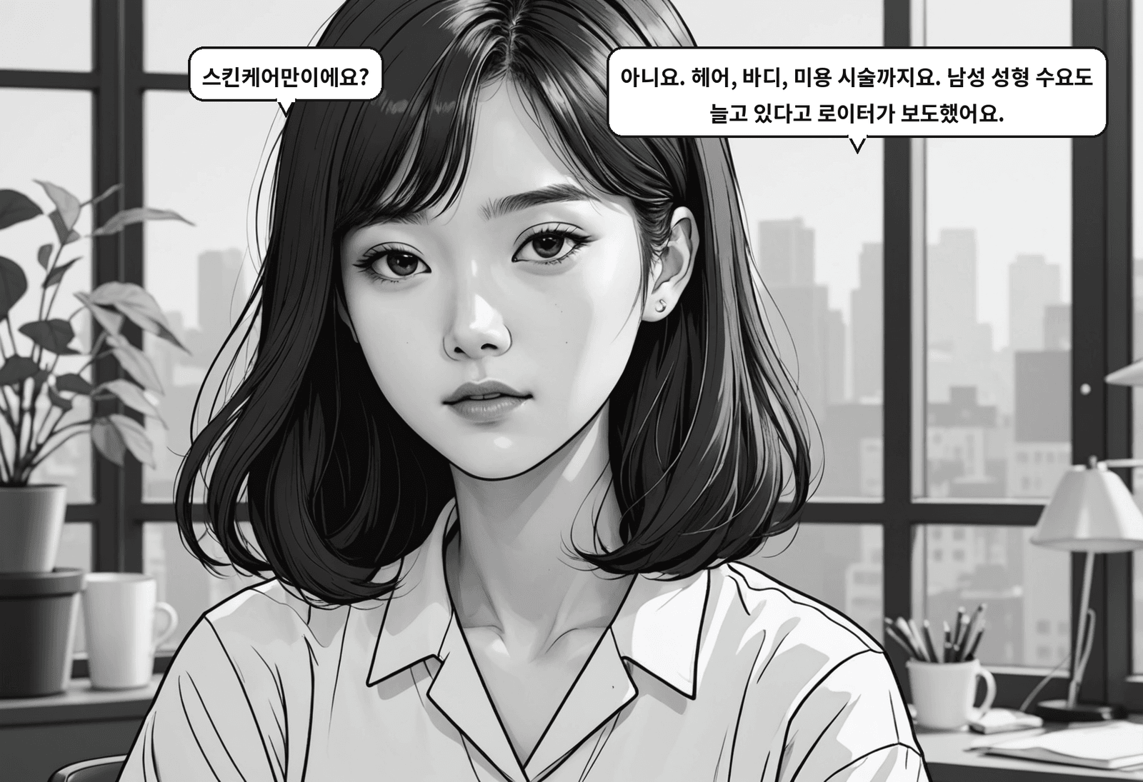 A: 스킨케어만이에요? B: 아니요. 헤어, 바디, 미용 시술까지요. 남성 성형 수요도 늘고 있다고 로이터가 보도했어요.