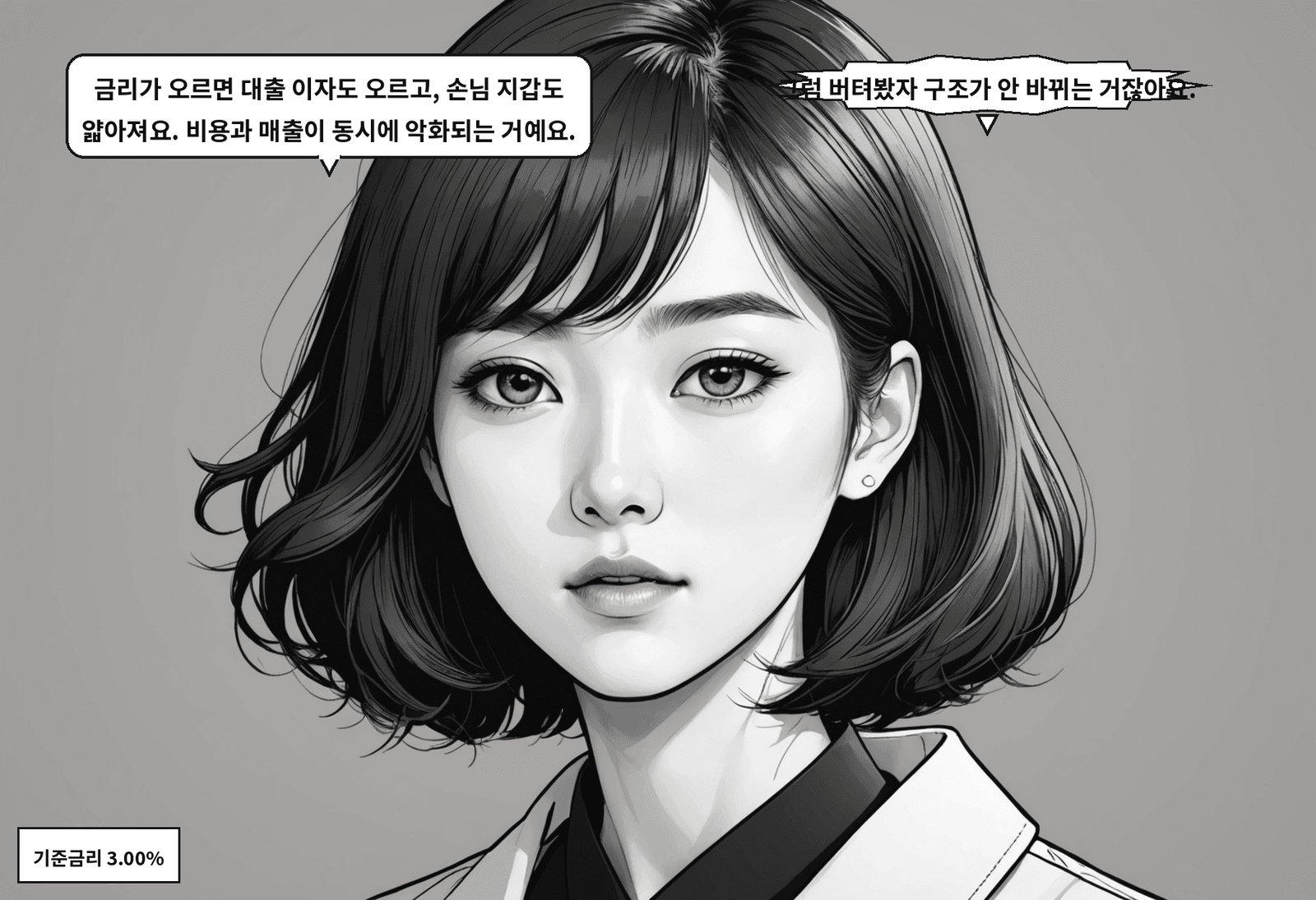 B: 금리가 오르면 대출 이자도 오르고, 손님 지갑도 얇아져요. 비용과 매출이 동시에 악화되는 거예요. A: 그럼 버텨봤자 구조가 안 바뀌는 거잖아요.