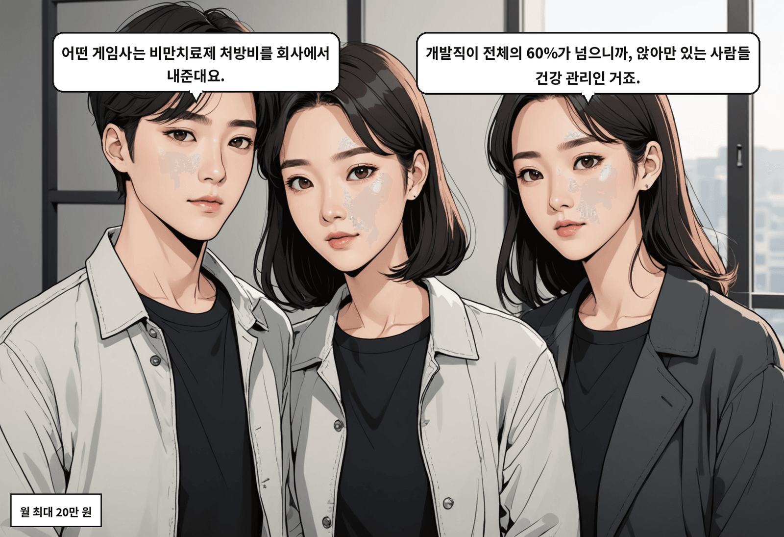 A: 어떤 게임사는 비만치료제 처방비를 회사에서 내준대요. B: 개발직이 전체의 60%가 넘으니까, 앉아만 있는 사람들 건강 관리인 거죠.