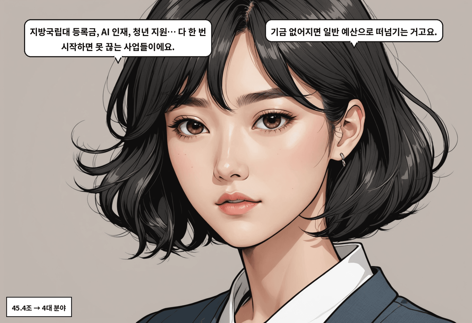 A: 지방국립대 등록금, AI 인재, 청년 지원… 다 한 번 시작하면 못 끊는 사업들이에요. B: 기금 없어지면 일반 예산으로 떠넘기는 거고요.
