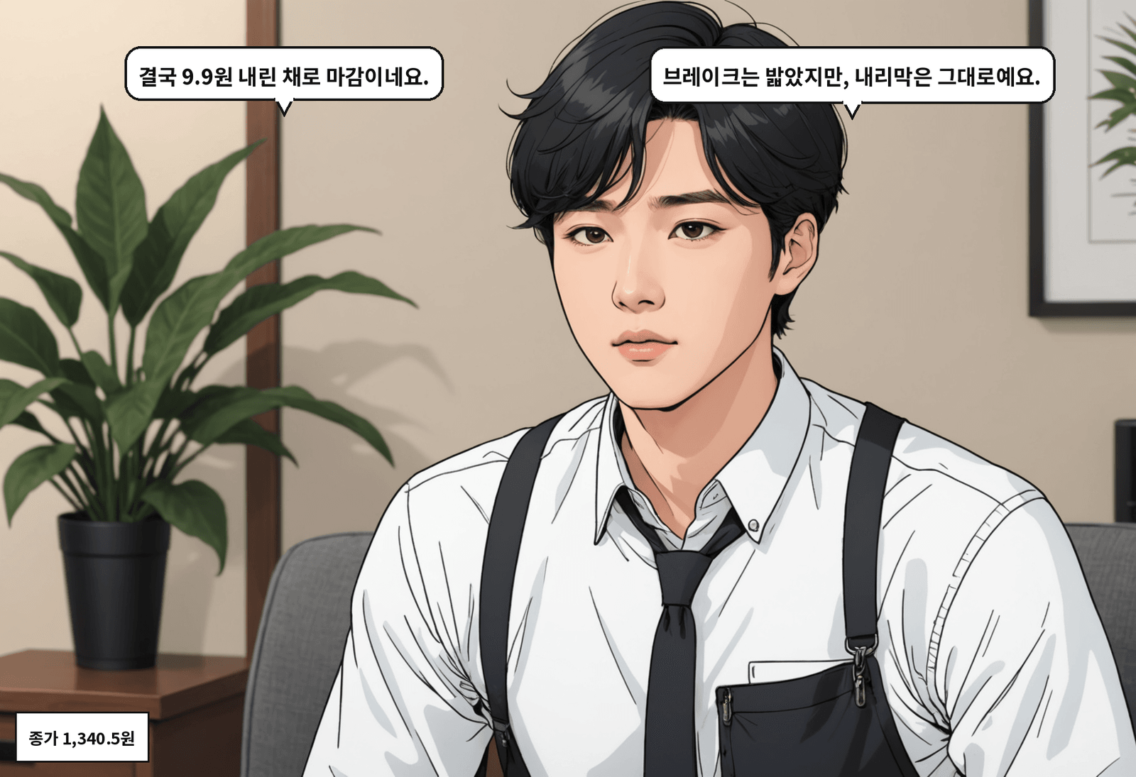 A: 결국 9.9원 내린 채로 마감이네요. B: 브레이크는 밟았지만, 내리막은 그대로예요.