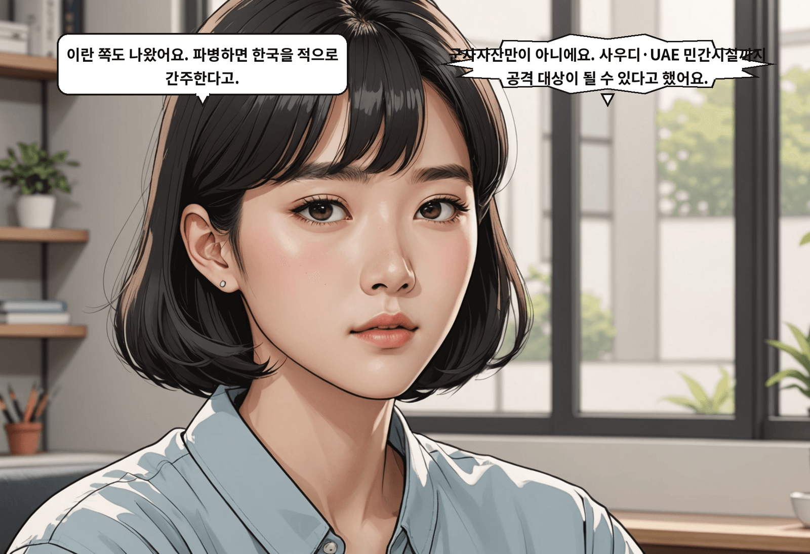 B: 이란 쪽도 나왔어요. 파병하면 한국을 적으로 간주한다고. A: 군사자산만이 아니에요. 사우디·UAE 민간시설까지 공격 대상이 될 수 있다고 했어요.