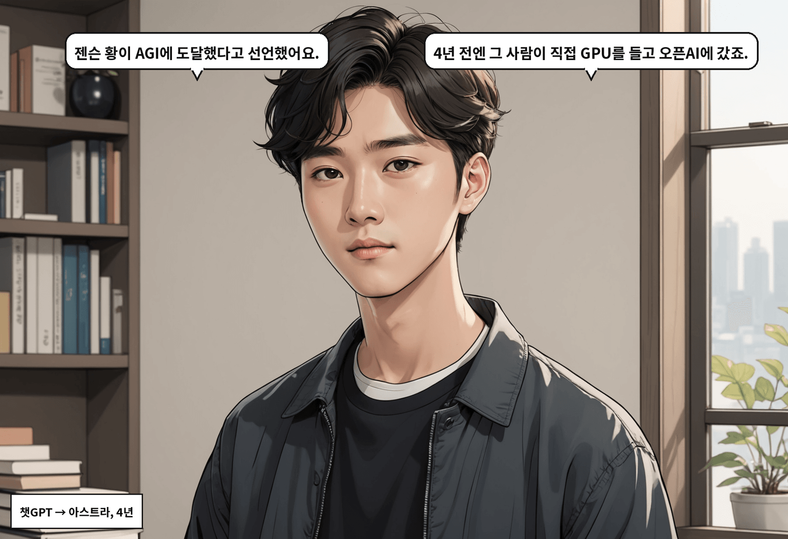 A: 젠슨 황이 AGI에 도달했다고 선언했어요. B: 4년 전엔 그 사람이 직접 GPU를 들고 오픈AI에 갔죠.