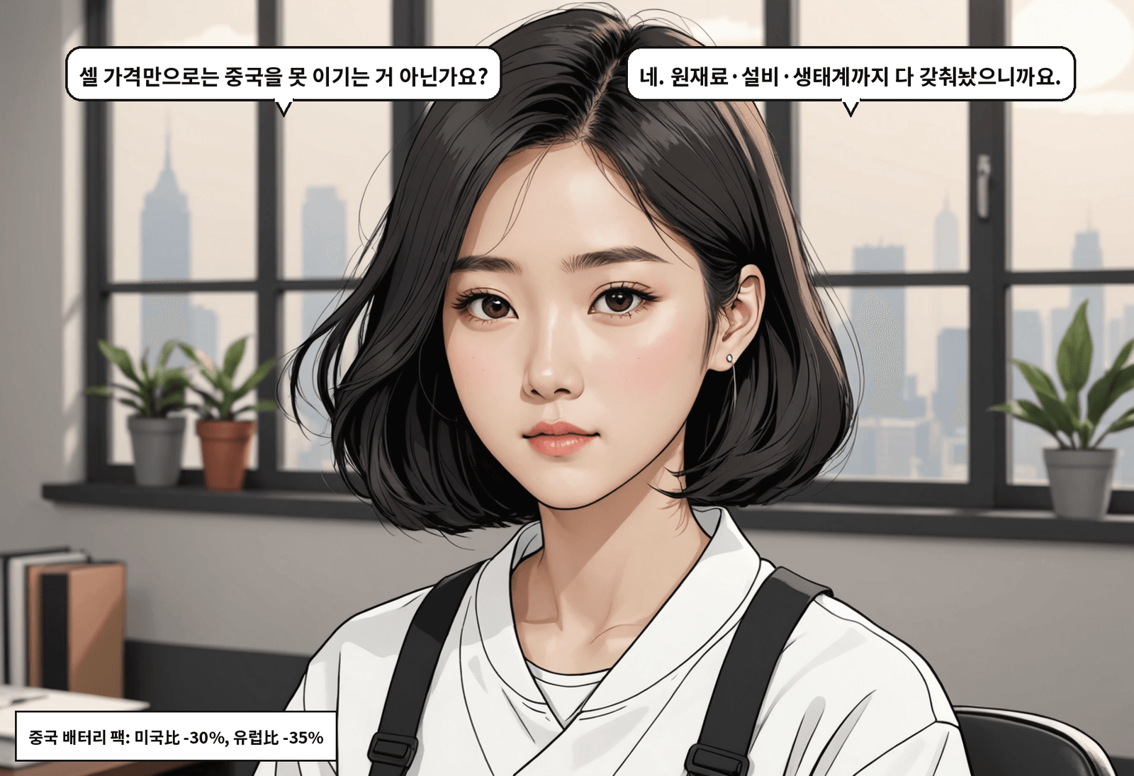 B: 셀 가격만으로는 중국을 못 이기는 거 아닌가요? A: 네. 원재료·설비·생태계까지 다 갖춰놨으니까요.