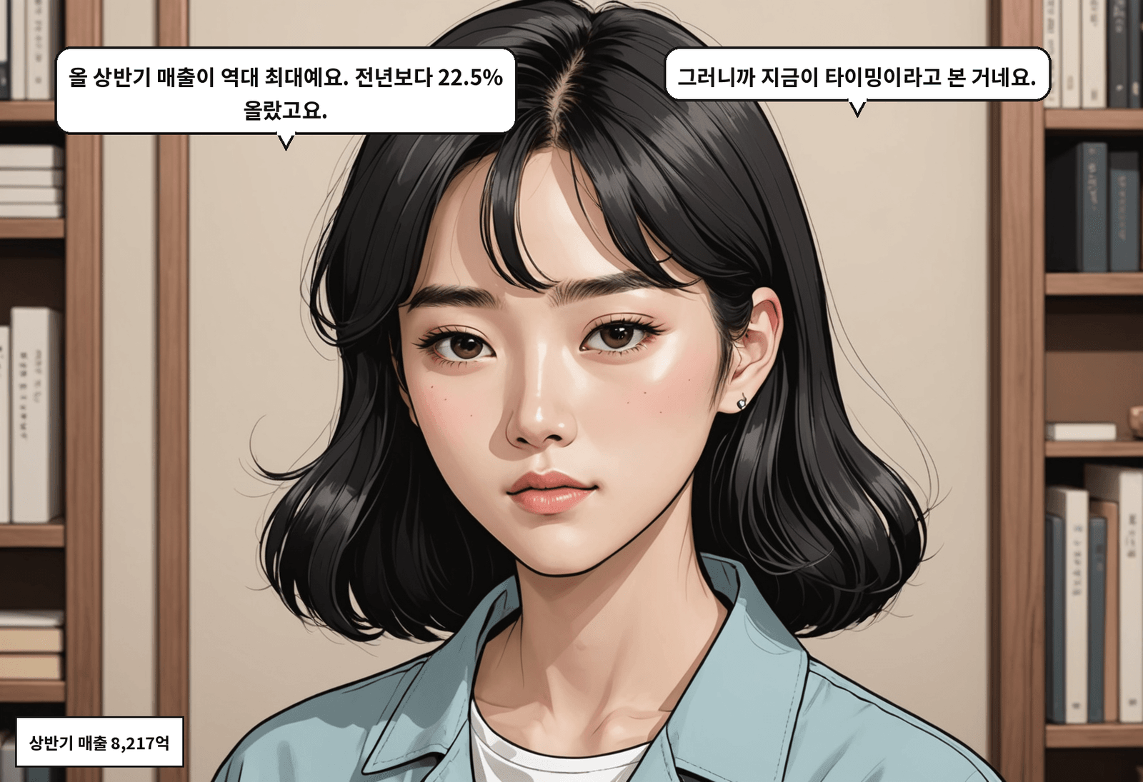 B: 올 상반기 매출이 역대 최대예요. 전년보다 22.5% 올랐고요. A: 그러니까 지금이 타이밍이라고 본 거네요.