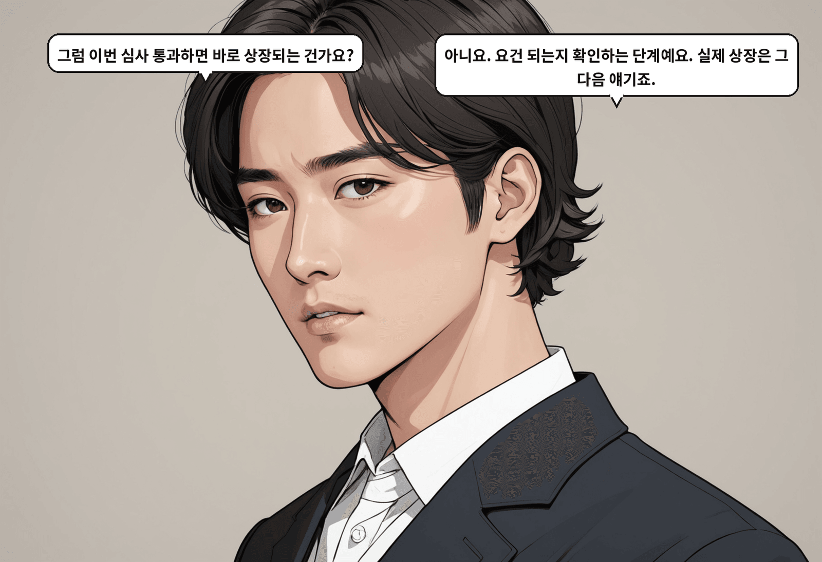 A: 그럼 이번 심사 통과하면 바로 상장되는 건가요? B: 아니요. 요건 되는지 확인하는 단계예요. 실제 상장은 그 다음 얘기죠.