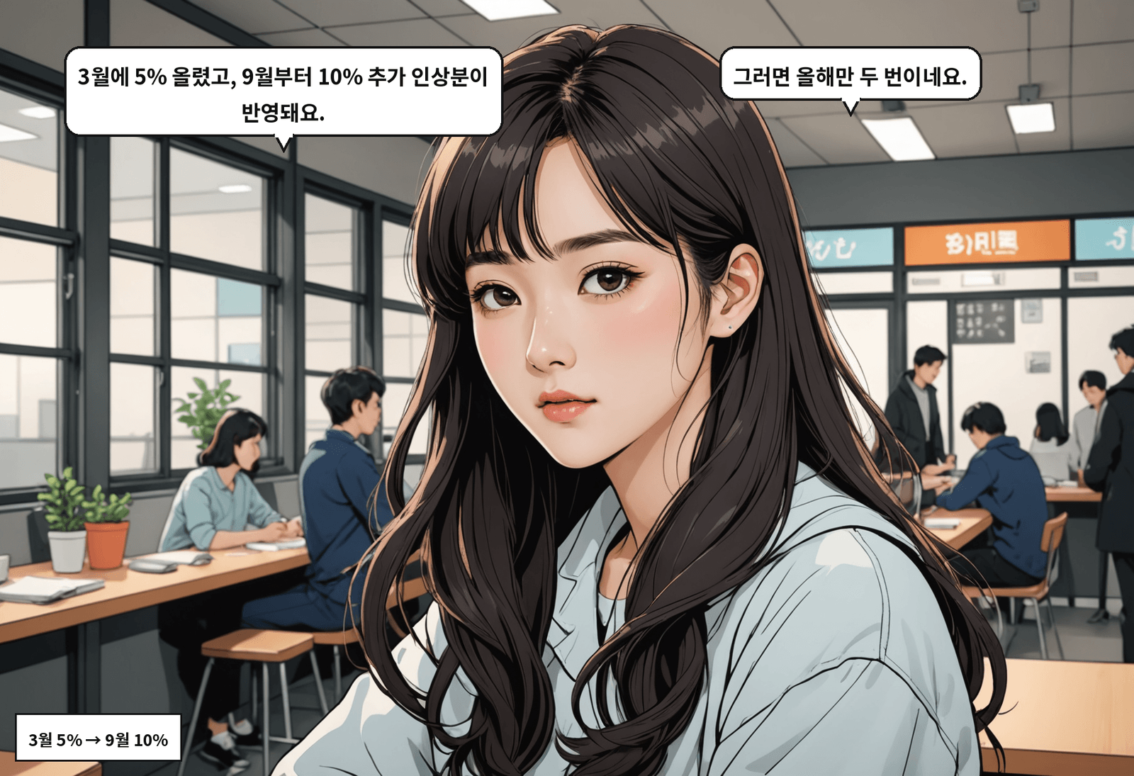 A: 3월에 5% 올렸고, 9월부터 10% 추가 인상분이 반영돼요. B: 그러면 올해만 두 번이네요.
