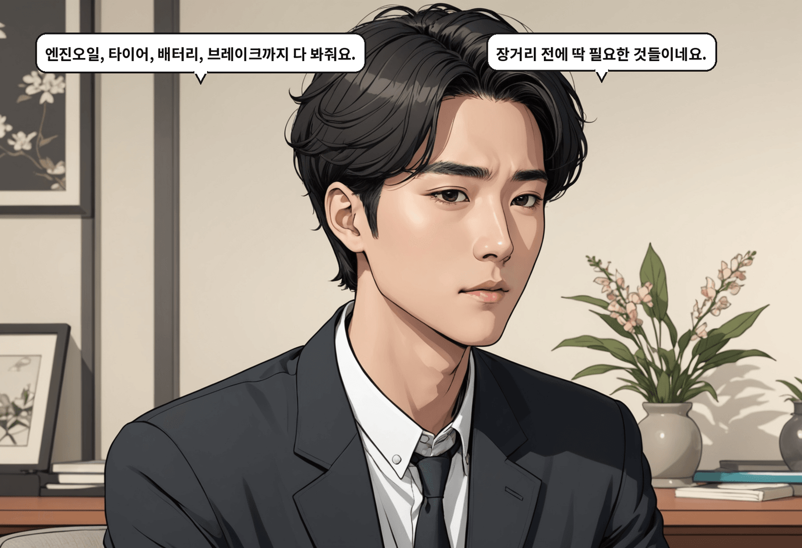 B: 엔진오일, 타이어, 배터리, 브레이크까지 다 봐줘요. A: 장거리 전에 딱 필요한 것들이네요.