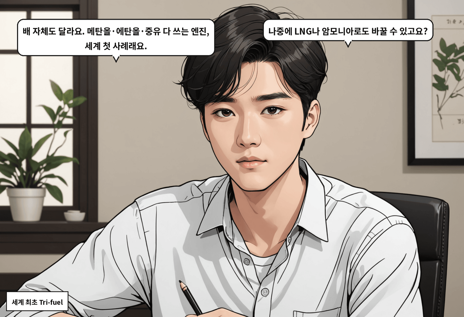B: 배 자체도 달라요. 메탄올·에탄올·중유 다 쓰는 엔진, 세계 첫 사례래요. A: 나중에 LNG나 암모니아로도 바꿀 수 있고요?