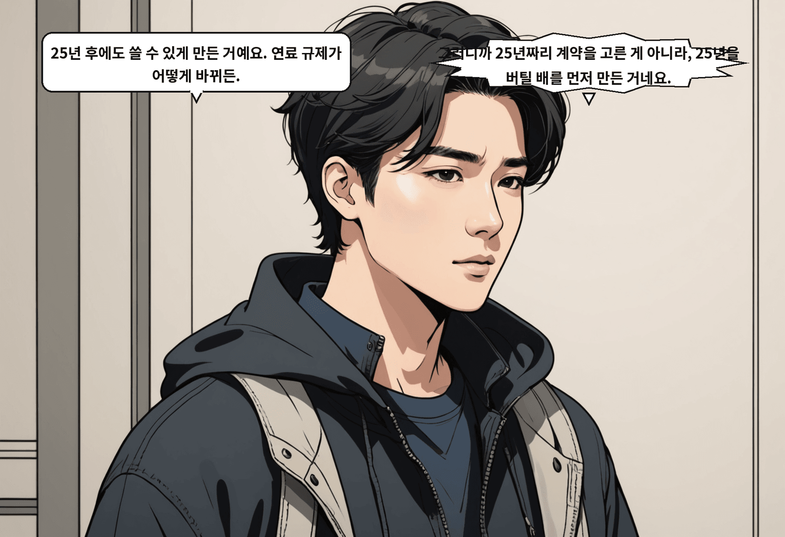 B: 25년 후에도 쓸 수 있게 만든 거예요. 연료 규제가 어떻게 바뀌든. A: 그러니까 25년짜리 계약을 고른 게 아니라, 25년을 버틸 배를 먼저 만든 거네요.
