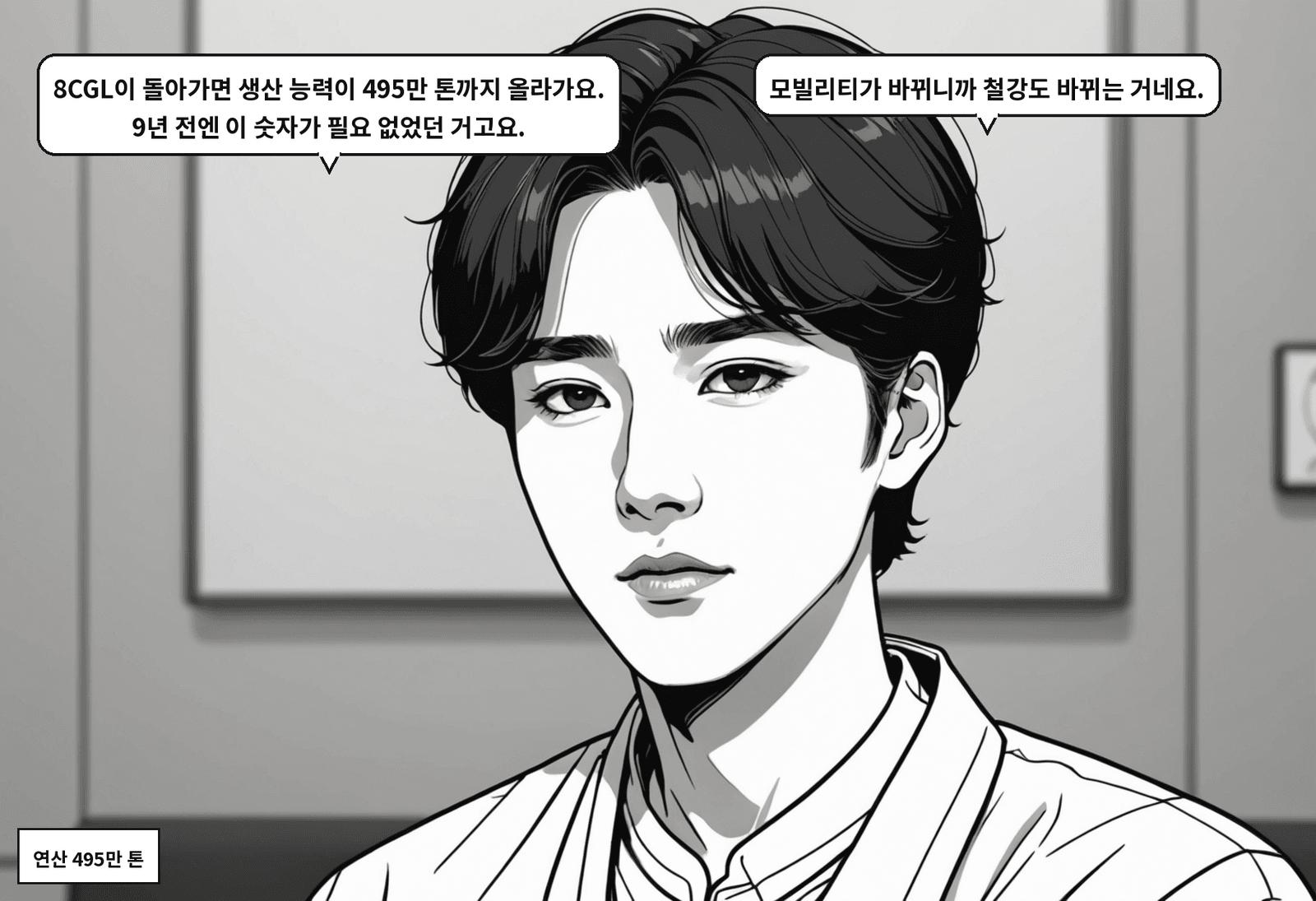 A: 8CGL이 돌아가면 생산 능력이 495만 톤까지 올라가요. 9년 전엔 이 숫자가 필요 없었던 거고요. B: 모빌리티가 바뀌니까 철강도 바뀌는 거네요.