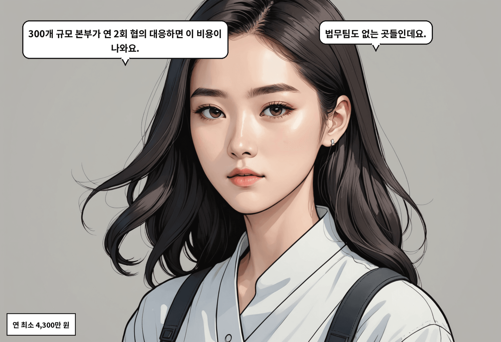 A: 300개 규모 본부가 연 2회 협의 대응하면 이 비용이 나와요. B: 법무팀도 없는 곳들인데요.