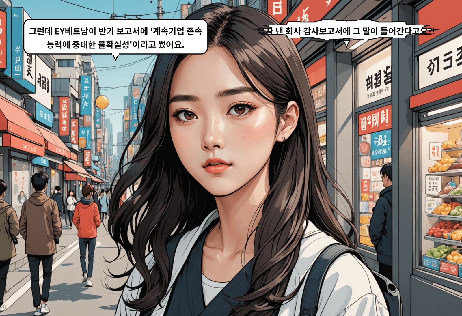 A: 그런데 EY베트남이 반기 보고서에 '계속기업 존속 능력에 중대한 불확실성'이라고 썼어요. B: 흑자 낸 회사 감사보고서에 그 말이 들어간다고요?!