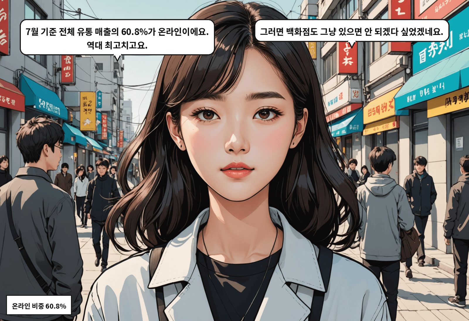 B: 7월 기준 전체 유통 매출의 60.8%가 온라인이에요. 역대 최고치고요. A: 그러면 백화점도 그냥 있으면 안 되겠다 싶었겠네요.