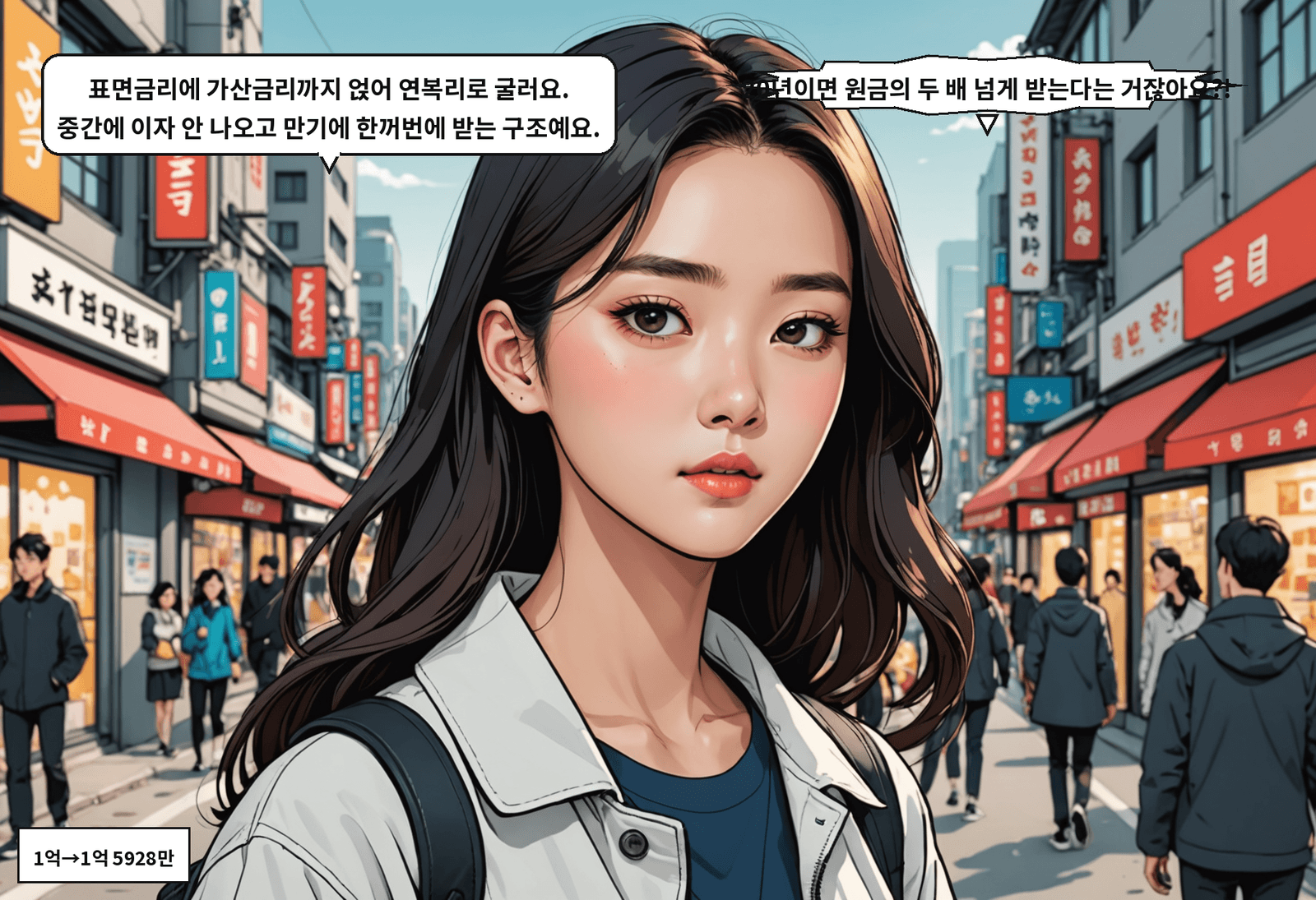 B: 표면금리에 가산금리까지 얹어 연복리로 굴러요. 중간에 이자 안 나오고 만기에 한꺼번에 받는 구조예요. A: 20년이면 원금의 두 배 넘게 받는다는 거잖아요?!